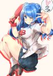  1girl ;d absurdres alternate_costume baseball_cap baseball_uniform blue_eyes blue_hair breasts clothes_writing double_bun hat highres hiroshima_touyou_carp kantai_collection large_breasts long_hair nagisa_(imizogami) nippon_professional_baseball one_eye_closed open_mouth pleated_skirt short_sleeves skirt smile socks solo sportswear urakaze_(kantai_collection) v 