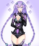  1girl :d absurdres blue_eyes blush braid breasts cleavage commentary d-pad hair_ornament highres index_finger_raised leotard long_hair looking_at_viewer medium_breasts navel neptune_(series) open_mouth power_symbol purple_hair purple_heart smile symbol-shaped_pupils thigh-highs twin_braids twintails very_long_hair 