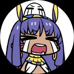  &gt;_&lt; 1girl animal_ears bangs chan_co chibi closed_eyes commentary_request crying d: d:&lt; dark_skin dungeon_meshi earrings eyebrows_visible_through_hair facing_viewer fate/grand_order fate_(series) frame hairband hoop_earrings jackal_ears jewelry long_hair medjed necklace nitocris_(fate/grand_order) open_mouth parody portrait purple_hair solo tears white_background 