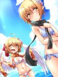  2girls ahoge armpits bare_shoulders bikini black_scarf blonde_hair blue_sky blue_swimsuit blush bow breasts clouds embarrassed fang floral_print flower gengetsu groin hair_flower hair_ornament hemogurobin_a1c looking_at_viewer mugetsu multiple_girls navel ocean pointy_ears scarf short_hair siblings sisters sky small_breasts smile standing swimsuit touhou touhou_(pc-98) water_drop wings yellow_eyes yellow_scarf 