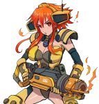  1girl armor blush breasts cannon cleavage elbow_gloves fire gloves gun helmet hmage large_breasts looking_at_viewer orange_eyes orange_hair parted_lips scorch_(titanfall_2) thigh-highs titanfall titanfall_2 weapon 