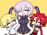  1girl 2boys :d =_= alexander_(fate/grand_order) armor bare_shoulders belt blonde_hair blush_stickers boobplate braid breastplate breasts chan_co chibi child child_gilgamesh closed_eyes commentary_request cowboy_shot elbow_gloves eyebrows_visible_through_hair fate/grand_order fate_(series) gauntlets gloves hair_between_eyes hair_over_one_eye hands_up happy hood hoodie lifting_person long_sleeves medium_breasts multiple_boys one_eye_covered open_mouth purple_hair redhead shielder_(fate/grand_order) single_braid smile standing white_hoodie 
