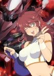  1girl ;d armlet breasts breasts_apart brown_hair crop_top green_eyes gundam gundam_00 hair_between_eyes long_hair mecha medium_breasts midriff navel nena_trinity one_eye_closed open_mouth sleeveless smile solo stomach two_side_up upper_body w wrist_cuffs 