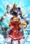  1girl black_ribbon blonde_hair capelet dress floating_hair from_below gloves gundam gundam_barbatos gundam_tekketsu_no_orphans highres kudelia_aina_bernstein long_hair looking_at_viewer mecha neck_ribbon red_dress ribbon signo_aaa solo standing very_long_hair violet_eyes white_gloves 