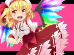  1girl adapted_costume ascot bangs blonde_hair blush bow breasts collarbone detached_collar fang flandre_scarlet frilled_shirt frills hat hat_bow hemogurobin_a1c looking_at_viewer medium_hair open_mouth pointy_ears puffy_short_sleeves puffy_sleeves red_bow red_eyes red_skirt shirt short_sleeves side_ponytail simple_background skirt smile standing teeth touhou white_shirt wings 