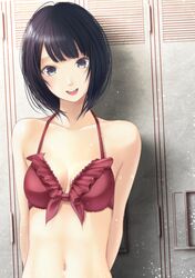  1girl :d arms_behind_back black_hair breasts grey_eyes hami_(hami-gerden) highres indoors locker locker_room medium_breasts navel open_mouth original red_bikini_top smile solo standing swimsuit 