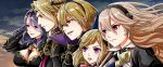  2boys 3girls between_breasts black_hairband breasts brown_hair camilla_(fire_emblem_if) cleavage diadem elise_(fire_emblem_if) eyes female_my_unit_(fire_emblem_if) fire_emblem fire_emblem_if floating_hair hair_between_eyes hairband hand_in_hair highres large_breasts leon_(fire_emblem_if) long_hair marks_(fire_emblem_if) multiple_boys multiple_girls my_unit_(fire_emblem_if) open_mouth outdoors purple_hair red_eyes sky smile star_(sky) starry_sky upper_body violet_eyes 