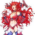  1girl backpack bag breasts cleavage clenched_hands electricity glowing glowing_eyes hmage honeycomb_(pattern) large_breasts long_hair mecha_musume monarch_(titanfall_2) open_mouth red_eyes redhead rocket_launcher stomach thigh-highs titanfall titanfall_2 weapon 