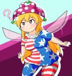  1girl ? al_bhed_eyes american_flag_dress american_flag_legwear belly blonde_hair blush breasts clownpiece covered_navel dress fairy_wings flapping long_hair manorea medium_breasts plump short_dress smile solo thighs touhou very_long_hair violet_eyes wings 