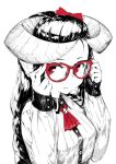  1girl adjusting_eyewear animal_ears ascot blurry buttons closed_mouth collared_shirt depth_of_field glasses greyscale hair_ribbon highres horned_girl_(jaco) horns jaco long_hair long_sleeves looking_at_viewer monochrome original red-framed_eyewear red_eyes red_neckwear red_ribbon ribbon sash shirt simple_background solo spot_color white_background 