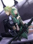  1boy 1girl animal_ears archer_of_red armor back-to-back blonde_hair bow_(weapon) cat_ears closed_eyes fate/apocrypha fate_(series) green_hair highres holding holding_weapon mukade_(siieregannsu) multicolored_hair rider_of_red sitting thigh-highs two-tone_hair weapon yellow_eyes 