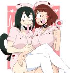 2girls asui_tsuyu boku_no_hero_academia breasts candy food highres jinu lollipop multiple_girls tongue uraraka_ochako 