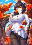  1girl azur_lane black_hair black_legwear bow breasts day hair_bow large_breasts long_hair looking_at_viewer orange_eyes outdoors panties panties_under_pantyhose pantyhose pensuke ponytail smile solo takao_(azur_lane) thigh_gap thighband_pantyhose underwear very_long_hair white_bow 