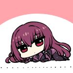  ... 1girl bangs black_bodysuit bodysuit chan_co chibi closed_mouth commentary_request eyebrows_visible_through_hair fate/grand_order fate_(series) full_body hair_between_eyes long_hair looking_at_viewer lying on_stomach purple_hair scathach_(fate/grand_order) solo violet_eyes 