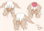  1girl animal_ears crying ear_tug floating_hand furry made_in_abyss nanachi_(made_in_abyss) petting short_hair_with_long_locks simple_background white_hair yama_gan yellow_eyes 