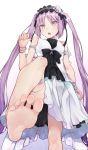  1girl bare_shoulders barefoot batatata77 blush dress euryale fate/grand_order fate/hollow_ataraxia fate_(series) feet hairband highres lolita_hairband long_hair looking_at_viewer open_mouth pov_feet purple_hair soles solo toes twintails very_long_hair violet_eyes 