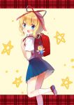  1girl :&gt; :d absurdres alternate_costume backpack bag bangs blonde_hair blue_dress blue_eyes blue_skirt blush blush_stickers commentary_request cowboy_shot doll dress eyebrows_visible_through_hair from_side head_tilt highres jiji_(381134808) keychain looking_at_viewer mary_janes medicine_melancholy one_leg_raised open_mouth randoseru red_ribbon ribbon school_uniform shirt shoes short_sleeves skirt smile socks solo star su-san touhou white_legwear white_shirt wings yellow_background 