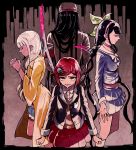  1boy 3girls armband bandage beads black_hair blood bow brown_eyes chabashira_tenko choker clenched_hands clenched_teeth closed_eyes coat crying crying_with_eyes_open dangan_ronpa dark_skin hair_bow hairband hands_clasped hat highres multiple_girls navel new_dangan_ronpa_v3 prayer_beads redhead shinguuji_korekiyo sickle skirt spoilers sweater_vest sword tears teeth weapon white_hair yonaga_angie yumeno_himiko yyy246 