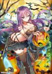  1girl bat bat_wings breasts chains frilled_skirt frills ghost gloves hair_ornament halloween halloween_costume interitio large_breasts moon pumpkin purple_hair sid_story skirt slime solo thigh-highs tree violet_eyes wings 