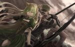  1boy 1girl animal_ears archer_of_red armor arrow blonde_hair bow_(weapon) cat_ears fate/apocrypha fate_(series) green_eyes green_hair highres holding holding_weapon mouth_hold mukade_(siieregannsu) multicolored_hair polearm rider_of_red spear thigh-highs two-tone_hair weapon 