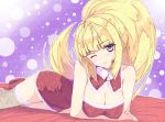  1girl ;) aramachi blonde_hair blue_eyes breasts choker cleavage crossed_arms dress eyebrows_visible_through_hair fishnet_legwear fishnets floating_hair gundam gundam_tekketsu_no_orphans head_tilt high_ponytail kudelia_aina_bernstein large_breasts long_hair looking_at_viewer lying on_side one_eye_closed red_dress red_footwear santa_costume short_dress sleeveless sleeveless_dress smile solo strapless strapless_dress thigh-highs very_long_hair 