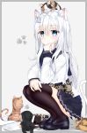  1girl :&lt; animal animal_ears animal_on_head animal_on_lap black_cat black_footwear black_legwear blue_eyes blue_skirt blush border cat cat_ears cat_tail closed_mouth commentary_request eyebrows_visible_through_hair grey_background grey_border hair_between_eyes hair_ornament hairpin hat hat_removed headwear_removed hibiki_(kantai_collection) highres kantai_collection loafers long_hair long_sleeves looking_at_viewer niruanu_(nitayam) on_head playing_with_own_hair pleated_skirt school_uniform serafuku shirt shoes silver_hair simple_background skirt solo squatting tail tareme thigh-highs verniy_(kantai_collection) very_long_hair white_hat white_shirt zettai_ryouiki 