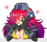  1girl armor blush bodysuit breasts cleavage gloves gradient_hair heart helmet hmage ion_(titanfall_2) large_breasts long_hair looking_at_viewer mecha_musume multicolored_hair personification purple_hair red_eyes redhead titanfall titanfall_2 yandere_trance 