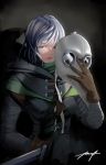  1girl darkest_dungeon gloves green_eyes houtachi knife looking_at_viewer mask mask_removed plague_doctor silver_hair solo 