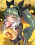  1girl anchovy aqua_hair autumn autumn_leaves baozi black_ribbon blush brown_eyes drill_hair earmuffs food girls_und_panzer hair_ribbon hairband highres kabocha_(monkey4) licking looking_at_viewer ribbon scarf solo tongue tongue_out twin_drills white_legwear 