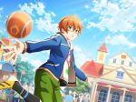  1boy ahoge aoi_kyousuke ball blue_sky cleats clouds dutch_angle game_cg glasses green-framed_eyewear hood hoodie idolmaster idolmaster_side-m idolmaster_side-m_live_on_stage jacket male_focus motion_blur official_art open_clothes open_jacket orange_eyes orange_hair pocket sky soccer_ball solo standing standing_on_one_leg 