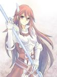  1girl armor breasts breasts_apart eyebrows_visible_through_hair feathers fire_emblem fire_emblem:_kakusei floating_hair gauntlets hair_between_eyes hair_feathers holding holding_weapon long_hair looking_at_viewer medium_breasts polearm red_eyes redhead sketch smile solo spaulders standing cordelia_(fire_emblem) very_long_hair weapon white_background white_feathers 