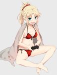 &gt;:d 1girl :d bare_legs barefoot bikini blonde_hair braid breasts cleavage controller dualshock fate/grand_order fate_(series) front-tie_bikini front-tie_top full_body game_controller gamepad green_eyes grey_background halterneck ica indian_style jpeg_artifacts long_hair mordred_(swimsuit_rider)_(fate) navel open_mouth ponytail saber_of_red side-tie_bikini simple_background sitting small_breasts smile solo swimsuit 
