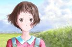  1girl blue_sky brown_hair day grass hyouka ibara_mayaka looking_at_viewer outdoors pink_eyes pink_shirt shirt short_hair sky t-3_design upper_body 