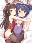  2girls ahoge animal_ears ass azur_lane bangs bare_shoulders black_hair black_legwear blue_hair blue_ribbon braid breasts bunny_girl bunny_tail center_opening chinese_clothes covered_navel da_un double_bun hair_ornament hair_ribbon hairband hand_holding hug long_hair looking_at_viewer lying medium_breasts multiple_girls ning_hai_(azur_lane) on_back on_bed on_side open_mouth pantyhose ping_hai_(azur_lane) rabbit_ears ribbon short_hair sideboob small_breasts striped tail thigh-highs vertical_stripes violet_eyes 