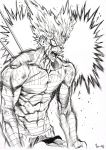  1boy abs absurdres angry aura bare_shoulders blood blood_on_face commentary_request d: d:&lt; frown garou_(one-punch_man) greyscale highres looking_away monochrome motion_lines murata_yuusuke muscle official_art one-punch_man open_mouth pointy_hair sanpaku scan shouting solo standing sweat sweating_profusely traditional_media white_background work_in_progress 