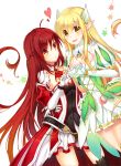  2girls :d black_legwear blonde_hair breasts brown_eyes choker cleavage cleavage_cutout collarbone dutch_angle elbow_gloves elesis_(elsword) elsword eyebrows_visible_through_hair floating_hair gloves hair_ornament hand_on_another&#039;s_hip hand_on_another&#039;s_shoulder long_hair maydream medium_breasts miniskirt multiple_girls open_mouth parted_lips pleated_skirt pointy_ears redhead rena_(elsword) shiny shiny_clothes skirt smile standing thigh-highs very_long_hair white_background white_gloves white_skirt yellow_eyes 