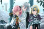  1girl 2boys black_legwear blonde_hair cape closed_eyes fate/apocrypha fate_(series) fur_trim gauntlets grey_hair highres holding horn_(instrument) looking_at_another mukade_(siieregannsu) multiple_boys one_eye_closed pink_hair red_eyes rider_of_black ruler_(fate/apocrypha) sieg_(fate/apocrypha) sitting violet_eyes 