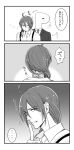  2boys 3koma ahoge comic commentary_request finger_to_mouth formal greyscale highres idolmaster idolmaster_side-m index_finger_raised irezumi long_hair male_focus monochrome multiple_boys ootokage p-head_producer ponytail producer_(idolmaster_side-m) shushing suit suspenders tattoo translation_request 