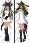  1girl animal_ears anubis_(monster_girl_encyclopedia) bangs bare_shoulders bed bed_sheet blush choker closed_mouth commission dakimakura dark_skin dress eyebrows_visible_through_hair full_body fur green_eyes green_hair hair_ornament hand_up long_hair looking_at_viewer looking_back lying monster_girl monster_girl_encyclopedia multiple_views nightgown on_back on_bed on_stomach paws smile snake_hair_ornament tail tilt-shift white_dress wolf_ears wolf_tail yellow_neckwear 