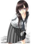  1girl :d arms_behind_back black_hair blue-framed_eyewear camera day glasses grass grey_eyes grey_skirt hami_(hami-gerden) highres leaning_forward long_hair looking_at_viewer open_mouth original outdoors school_uniform serafuku skirt smile standing tied_hair uniform 