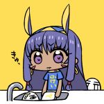  1girl alternate_costume animal_ears bangs blue_shirt casual chan_co chibi closed_mouth clothes_writing crying dark_skin dishwashing earrings eyebrows_visible_through_hair facial_mark fate/grand_order fate_(series) frown hair_tubes hairband hoop_earrings jackal_ears jewelry long_hair medjed nitocris_(fate/grand_order) purple_hair shirt short_sleeves simple_background sink standing streaming_tears tearing_up tears violet_eyes yellow_background 