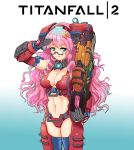  1girl armor backpack bag breasts butterfly_on_hair cleavage copyright_name glasses gloves green_eyes gun hair_ornament hmage long_hair machine_gun mecha_musume medium_breasts monarch_(titanfall_2) navel personification pink_hair stomach thigh-highs titanfall titanfall_2 weapon 