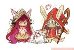  2girls :o aa2233a alternate_hair_color blush_stickers cosplay costume_switch covering covering_chest flat_chest kog&#039;maw league_of_legends long_hair lulu_(league_of_legends) made_in_abyss marker_(medium) mitty_(made_in_abyss) multiple_girls nanachi_(made_in_abyss) navel pink_hair pix red_eyes staff standing traditional_media white_hair yellow_eyes yordle 