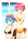  2girls ayami_(annahibi) bandeau bare_shoulders beach bikini black_bikini blue_eyes blue_hair blurry breasts closed_mouth collarbone cowboy_shot depth_of_field eyebrows_visible_through_hair flower frilled_bikini frills hair_flower hair_ornament hair_over_one_eye halterneck highres indoors large_breasts multiple_girls navel pink_eyes pink_hair puckered_lips ram_(re:zero) re:zero_kara_hajimeru_isekai_seikatsu rem_(re:zero) short_hair siblings sisters sitting small_breasts smile strap_gap swimsuit thighs twins upper_body window x_hair_ornament yellow_bikini 