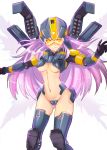  1girl armor boots breasts helmet highres hmage long_hair mecha_musume northstar_(titanfall) personification pink_hair rocket_launcher simple_background skindentation stomach thigh-highs thrusters titanfall titanfall_2 under_boob visor_(armor) weapon yellow_eyes 