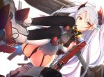  1girl azur_lane black_panties breasts cuon_(kuon) dutch_angle garter_straps iron_cross legs_crossed licking_lips long_hair looking_at_viewer machinery medium_breasts panties pantyshot pantyshot_(sitting) prinz_eugen_(azur_lane) red_eyes red_footwear silver_hair sitting solo thigh-highs tongue tongue_out two_side_up underwear uniform very_long_hair 