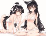  2girls all_fours animal_ears atago_(azur_lane) azur_lane bikini black_hair bow breasts brown_eyes casual_one-piece_swimsuit choker full_body hair_bow hair_flaps highres large_breasts long_hair looking_at_viewer mole mole_under_eye multiple_girls o_h_miona one-piece_swimsuit ponytail sarong simple_background swimsuit takao_(azur_lane) white_background white_bikini white_bow white_neckwear white_swimsuit wolf_ears 