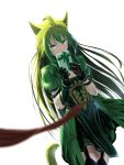  1girl absurdres ahoge animal_ears archer_of_red black_legwear breasts cat_ears cat_tail cleavage fate/apocrypha fate_(series) gift gloves green_eyes green_hair highres holding holding_gift long_hair medium_breasts mukade_(siieregannsu) solo tail thigh-highs very_long_hair white_background 