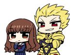  &gt;:) 1boy 1girl armor bangs blonde_hair blue_sailor_collar blue_shirt blue_skirt blush_stickers breastplate brown_eyes brown_hair chan_co chibi closed_mouth crossed_arms earrings eyebrows_visible_through_hair fate/extra fate_(series) faulds gauntlets gilgamesh grin hand_on_own_chin jewelry kishinami_hakuno_(female) long_hair long_sleeves looking_at_viewer pauldrons pleated_skirt red_eyes red_neckwear sailor_collar school_uniform serafuku shirt simple_background skirt smile spiky_hair standing white_background 