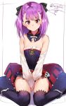  1girl bare_shoulders belt between_legs black_ribbon detached_collar detached_sleeves eyebrows_visible_through_hair fate/grand_order fate_(series) flat_chest hair_ribbon hand_between_legs helena_blavatsky_(fate/grand_order) highres isshiki_(ffmania7) looking_at_viewer pink_eyes purple_hair ribbon simple_background sitting sleeveless smile solo thigh-highs twitter_username wariza white_background 